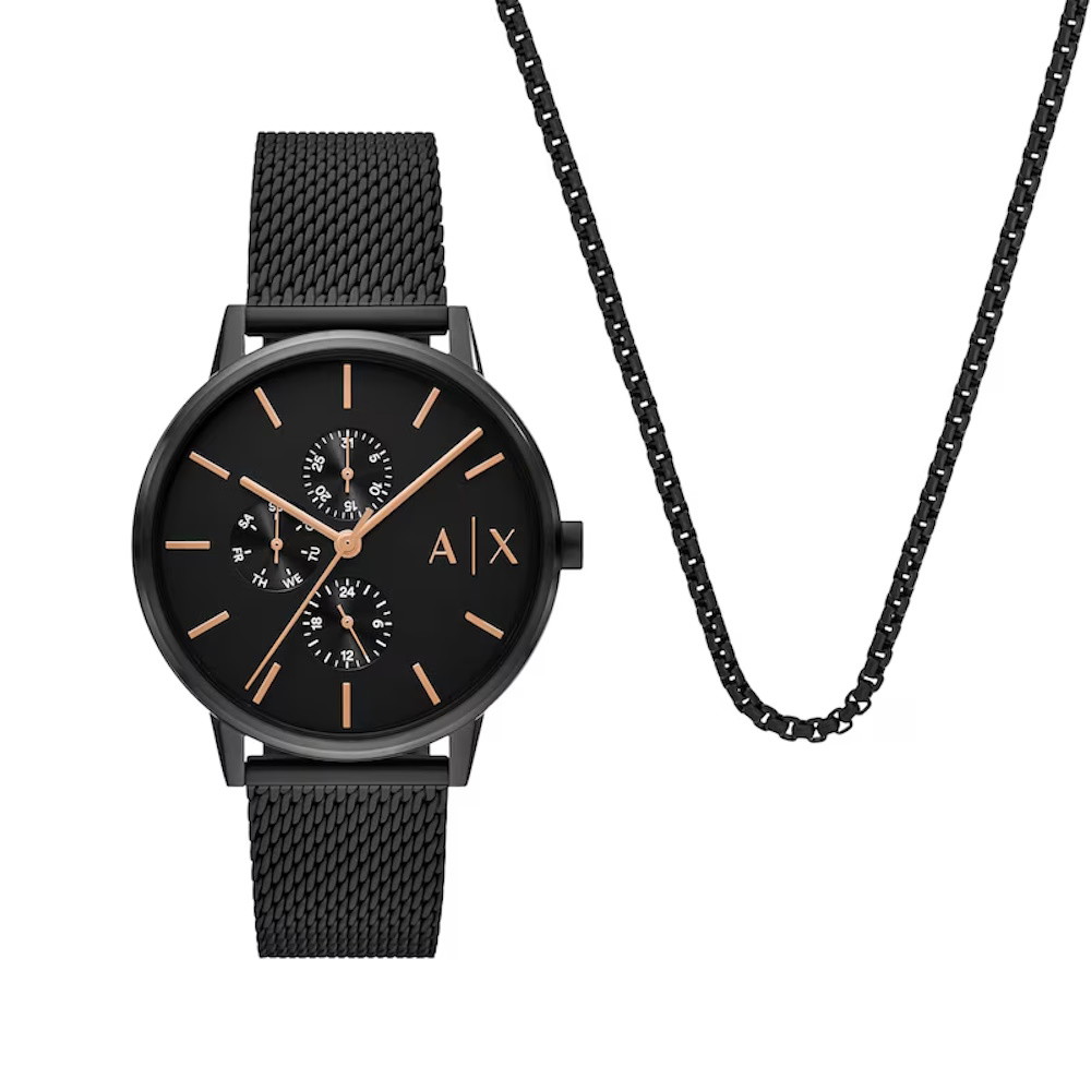 Picture of Armani Exchange Black Stainless Steel Watch & Necklace Set