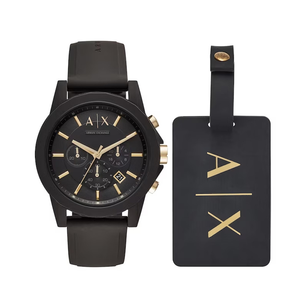 Picture of Armani Exchange Chrono Black Silicone Watch & Luggage Tag Set