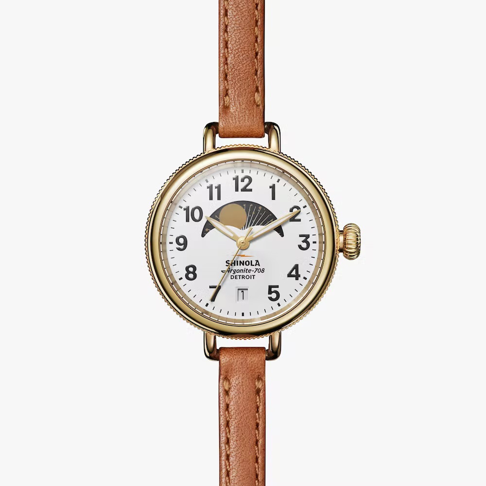 Picture of Shinola Birdy Moon Phase Brown Leather Watch with White Dial