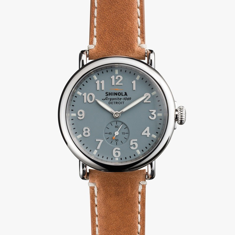 Picture of Shinola Runwell 41mm Brown Leather Watch with Light Blue Dial