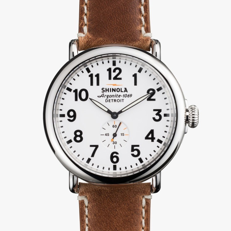 Picture of Shinola Runwell 47mm Brown Leather Watch with White Dial