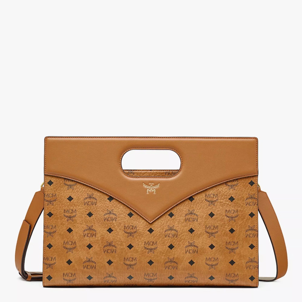 Picture of MCM Diamond Medium Tote in Visetos Leather Mix - Cognac