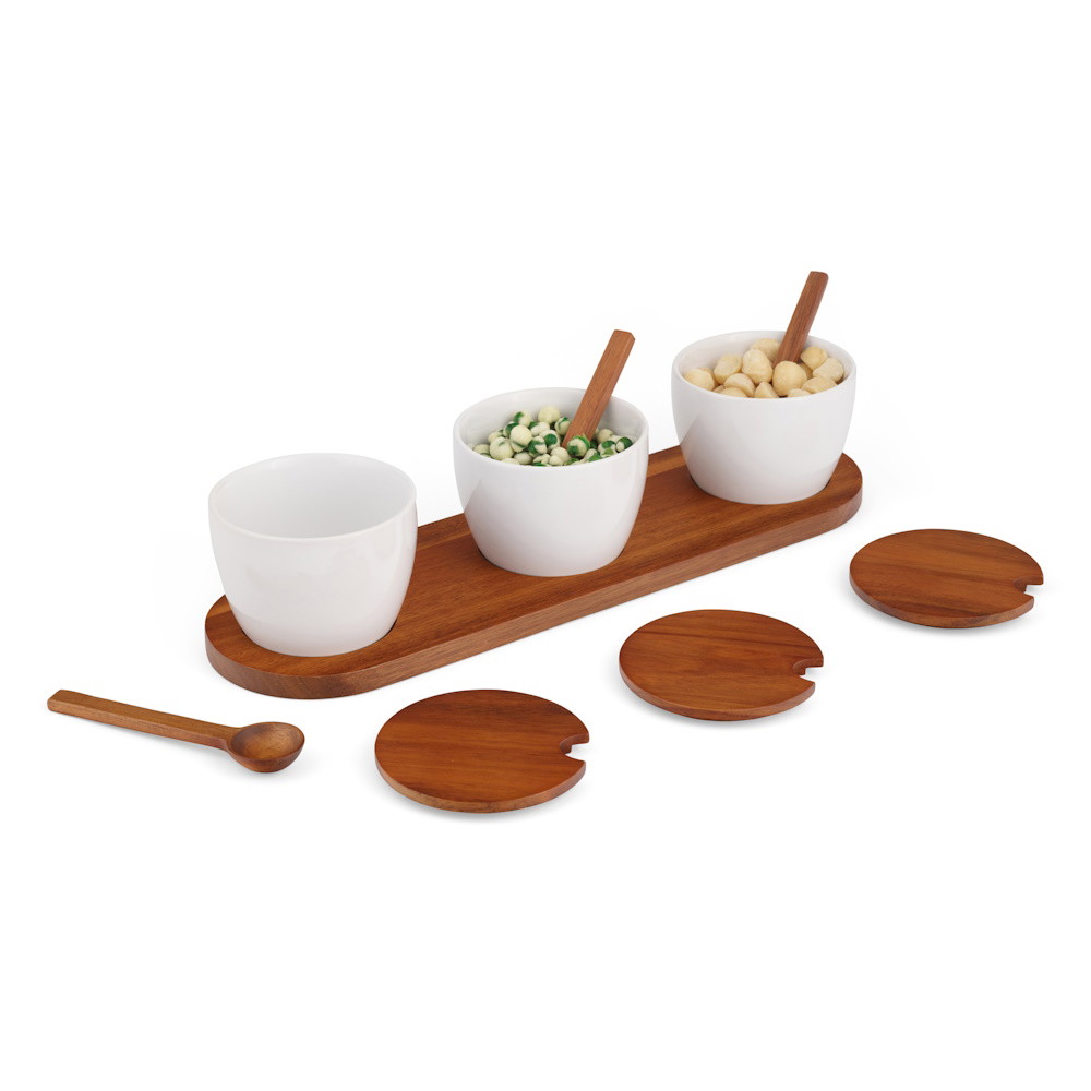 Picture of Nambe Duets Triple Condiment Server with Lids & Spoons