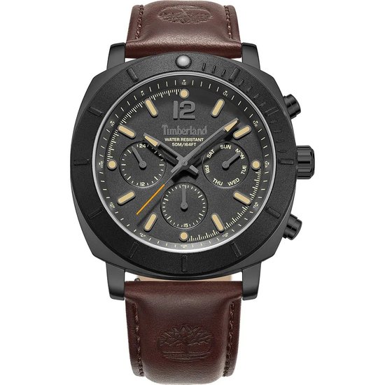 Picture of Timberland Watch with Black Dial and Dark Brown Leather Strap
