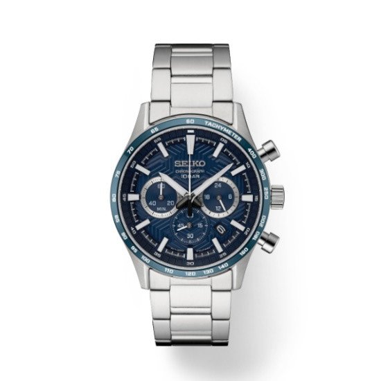 Picture of Seiko Essentials Stainless Steel Chrono Watch with Blue Dial