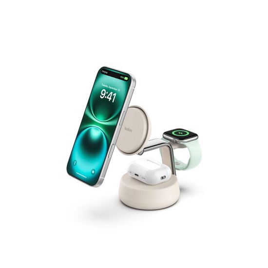 Picture of Belkin Ultra Charge Pro 3-in-1 Qi2 25W Charging Dock - Sand